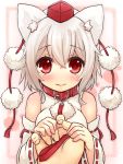  1girl animal_ears bare_shoulders blush bust collar detached_sleeves face heart heart-shaped_pupils highres holding_hands inubashiri_momiji leash looking_at_viewer pom_pom_(clothes) pov sad_fuka short_hair silver_hair solo symbol-shaped_pupils touhou wolf_ears 