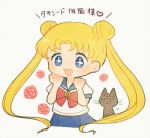  1girl ayu_(mog) bishoujo_senshi_sailor_moon blonde_hair blue_eyes blush cat double_bun earrings flower jewelry long_hair luna_(sailor_moon) rose school_uniform serafuku skirt smile solo sparkling_eyes tsukino_usagi twintails 