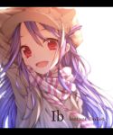  1girl arm_up bust coat dress dress_shirt face hat highres ib_-instant_bullet- letterboxed long_hair looking_at_viewer myu_s open_mouth purple_hair red_eyes scarf sera_(instant_bullet) shirt simple_background smile very_long_hair white_background white_shirt 