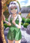  1girl bandages blue_sky breasts cleavage clouds dappled_sunlight garden green_eyes hair_ribbon highres konpaku_youmu large_breasts light_smile pond puffy_short_sleeves puffy_sleeves ribbon rock shirt short_sleeves silver_hair skirt skirt_set sky solo sweat touhou tree vest wall wendell 