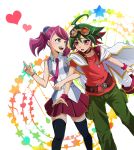  1boy 1girl blue_eyes bracelet goggles goggles_on_head green_hair hiiragi_yuzu jacket_on_shoulders jewelry multicolored_hair nanako_(nnk7) necktie pink_hair redhead sakaki_yuuya thigh-highs yuu-gi-ou yuu-gi-ou_arc-v zettai_ryouiki 