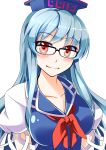  1girl absurdres arms_behind_back bespectacled blue_dress blue_hair blush collarbone dress e.o. glasses hat highres kamishirasawa_keine long_hair looking_at_viewer puffy_short_sleeves puffy_sleeves red_eyes short_sleeves smile solo tight_dress touhou 
