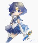  1girl bishoujo_senshi_sailor_moon blue_eyes blue_hair blue_skirt boots bow brooch choker elbow_gloves gloves jewelry knee_boots lalala222 magical_girl mercury_symbol mizuno_ami pleated_skirt ribbon sailor_collar sailor_mercury short_hair signature skirt smile solo tiara wand white_background white_gloves 