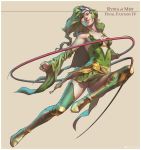  1girl belt boots breasts detached_sleeves earrings final_fantasy final_fantasy_iv green_eyes green_hair hair_ornament jamal_campbell jewelry jumping long_hair rydia sideboob small_breasts solo thigh-highs thigh_boots weapon whip wide_sleeves 