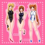  3girls anzu_(onelelee) blonde_hair blue_eyes brown_hair character_name competition_swimsuit fate_testarossa high_heels highres long_hair low-tied_long_hair lyrical_nanoha mahou_shoujo_lyrical_nanoha_strikers multiple_girls one-piece_swimsuit red_eyes side_ponytail star swimsuit takamachi_nanoha very_long_hair yagami_hayate 