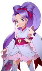  1girl alternate_form anmitsu_komachi bow cure_fortune detached_sleeves earrings frills hair_bow hair_bun happinesscharge_precure! hikawa_iona japanese_clothes jewelry long_hair magical_girl niack_(hasurja) ponytail precure purple_hair skirt smile solo thighhighs violet_eyes white_background white_legwear white_skirt 