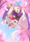  1girl :d animal_ears brown_hair cape cherry_blossoms facial_mark fang fox_ears fox_tail fred04142 looking_at_viewer open_mouth original petals scroll short_hair shorts smile tagme tail violet_eyes 