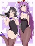  2girls :p alternate_costume animal_ears arms_behind_back bare_shoulders black_hair black_legwear blush bowtie breasts bunny_girl bunnysuit bwell cleavage covered_navel detached_collar flat_chest heart high_heels inaba_tewi large_breasts long_hair looking_at_viewer martini_glass multiple_girls pantyhose purple_hair rabbit_ears red_eyes reisen_udongein_inaba short_hair smile tail thigh-highs tongue tongue_out touhou tray 