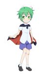  1girl androgynous antennae blush_stickers bobby_socks cape cato_(monocatienus) collared_shirt flat_chest green_eyes green_hair highres loafers shoes short_hair shorts smile socks solo touhou very_short_hair wriggle_nightbug younger 