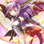  1girl armor bare_shoulders black_gloves bodysuit dragon_girl dragon_tail dragon_wings elbow_gloves fang fingerless_gloves fire gloves head_fins heterochromia holding holding_weapon hoshino long_hair lowres open_mouth polearm purple_hair puzzle_&amp;_dragons solo sonia_(p&amp;d) spikes tail thigh-highs violet_eyes weapon white_legwear wings yellow_eyes 