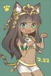  1girl :3 :d animal_ears armlet bangs bastet_(p&amp;d) black_hair blunt_bangs blush bracelet cat_ears cat_tail dark_skin dated earrings egyptian egyptian_clothes fang green_background green_eyes hair_ornament hoshino jewelry long_hair midriff mound_of_venus navel necklace open_mouth paw_pose paw_print puzzle_&amp;_dragons simple_background single_earring skirt smile solo tail tiara white_skirt 