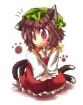  1girl animal_ears brown_eyes brown_hair cat_ears cat_tail chen hat multiple_tails mumumu sitting slit_pupils solo tail touhou 