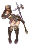  1girl boots brown_hair halberd knee_boots official_art pigeon-toed polearm smile thigh-highs thighs tree_of_savior weapon 