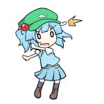  /\/\/\ 1girl arms_up blue_hair boots chibi hat kawashiro_nitori key o_o open_mouth oribe_rin short_hair short_sleeves short_twintails simple_background skirt skirt_set smile solo surprised touhou twintails wavy_mouth 