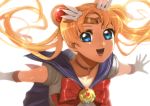  1girl backlighting bishoujo_senshi_sailor_moon bishoujo_senshi_sailor_moon_crystal blonde_hair blue_eyes bow brooch choker double_bun gloves hair_bun hair_ornament jewelry long_hair magical_girl open_mouth outstretched_arms sailor_moon sailor_senshi smile solo tiara tsukino_usagi twintails very_long_hair wadani_hitonori white_gloves 