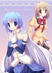 2girls ameya_kirika bare_shoulders blue_eyes blue_hair bow brown_eyes brown_hair cape elbow_pads gloves hands_on_own_chest highres long_sleeves looking_at_another mahou_shoujo_madoka_magica miki_sayaka multiple_girls parted_lips plaid plaid_skirt puffy_long_sleeves puffy_sleeves school_uniform short_hair skirt white_gloves 