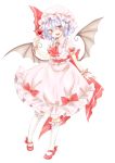  1girl ascot bat_wings blue_hair brooch cocktail cocktail_glass dress fang hat hat_ribbon highres jewelry maru_usagi mob_cap open_mouth pink_dress red_eyes remilia_scarlet ribbon sash simple_background smile solo touhou white_background wings wrist_cuffs 