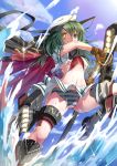  1girl cape green_eyes green_hair hat heterochromia holding kantai_collection kiso_(kantai_collection) long_hair looking_at_viewer navel open_mouth panties pantyshot pleated_skirt school_uniform serafuku skirt solo striped striped_panties sword td torn_clothes underwear weapon 
