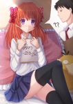  1boy 1girl ? black_legwear blush bow cameo gekkan_shoujo_nozaki-kun hair_bow highres imagining kazenokaze long_hair nozaki_umetarou orange_hair panties pantyshot pillow pokemon pokemon_(creature) psyduck sakura_chiyo school_uniform sitting skirt tears thigh-highs underwear violet_eyes 