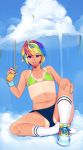  1girl bikini_top bottle clouds flat_chest highres loyproject my_little_pony my_little_pony_friendship_is_magic personification pink_eyes pinky_out rainbow_dash rainbow_hair shoes short_hair short_shorts shorts single_shoe sitting smile sneakers socks solo tan tanline wristband 