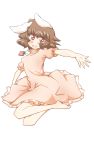  1girl animal_ears barefoot blush brown_hair dress food fruit highres inaba_tewi jumping non_(z-art) open_mouth rabbit_ears red_eyes short_hair short_sleeves solo strawberry touhou 