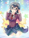  1girl black_eyes black_hair corpse_party glasses hand_on_glasses in_water looking_at_viewer necktie open_mouth rimless_glasses saenoki_naho school_uniform solo td 