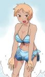  1girl bikini blush breasts brown_eyes brown_hair cleavage large_breasts open_mouth original sarong short_hair smile solo swimsuit tsukudani_(coke-buta) tsurime tsurime-chan 