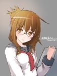  1girl bespectacled brown_eyes brown_hair bust glasses hair_up inazuma_(kantai_collection) kantai_collection matsumae_takumi school_uniform serafuku solo twitter_username 