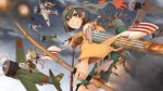  1girl airplane archery arrow bow_(weapon) breasts brown_eyes brown_hair burnt_clothes fairy_(kantai_collection) flight_deck headband hiryuu_(kantai_collection) japanese_clothes kantai_collection kyuudou pectong quiver short_hair single_glove skirt torpedo weapon yugake 