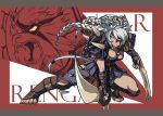  1girl animal_ears braid claw_(weapon) earrings genderswap highres jewelry league_of_legends lion lion_ears lion_tail long_hair looking_at_viewer nam_(valckiry) rengar sharp_teeth solo spiked_shoulders sword tail weapon white_eyes white_hair yellow_eyes 