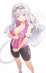 1girl bicycle bike_shorts breasts cleavage goggles goggles_on_head idolmaster long_hair open_mouth shijou_takane silver_hair solo supertie unzipping violet_eyes