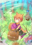  1girl :3 animal_ears bird brown_hair butterfly flower fox_ears fox_tail fred04142 gourd looking_at_viewer original red_eyes short_hair shorts sleeves_past_wrists smoke tagme tail tree 
