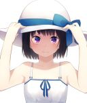  1girl achiki bare_shoulders black_hair blush hat looking_at_viewer original short_hair simple_background solo violet_eyes white_background 