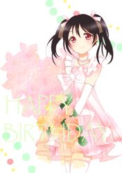  bare_shoulders birthday black_hair bouquet dress flower long_hair love_live!_school_idol_project red_eyes ribbon smile thigh_highs twintails yazawa_nico 