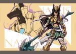  1girl animal_ears axe bandages blue_eyes breasts brown_hair dog_ears genderswap highres league_of_legends long_hair looking_at_viewer midriff nam_(valckiry) nasus smile solo underboob weapon wrist_guards 