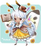  1girl antennae blush book butterfly character_name chibi cross-laced_footwear dark_skin dress fairy feathers flower frilled_dress frills hat high_heels holding hoshino insect_wings jewelry long_hair mini_top_hat moth_wings necklace open_mouth orange_eyes pantyhose pen puffy_short_sleeves puffy_sleeves puzzle_&amp;_dragons short_sleeves smile solo sunflower sunrich_(p&amp;d) text top_hat white_hair white_legwear wings 