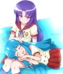  2girls blue_hair blush breasts cleavage drooling happinesscharge_precure! hikawa_iona jewel_(the_black_canvas) long_hair lying multiple_girls open_mouth precure purple_hair red_skirt school_uniform shirayuki_hime short_sleeves sitting skirt sleeping smile violet_eyes zzz 