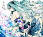  1girl copyright_name from_behind green_hair hatsune_miku headphones long_hair manako_(manatera) pink_eyes skirt solo tell_your_world_(vocaloid) thigh-highs twintails very_long_hair vocaloid 