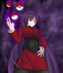  1girl breasts gloves hand_on_hip highres hime_cut jatts long_hair natsume_(pokemon) pantyhose poke_ball pokemon pokemon_(game) purple_hair red_eyes smile solo telekinesis 