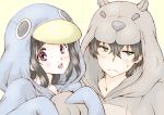  1boy 1girl animal_costume bird black_hair bluez chitanda_eru green_eyes hippopotamus hippopotamus_costume hyouka long_hair oreki_houtarou penguin penguin_costume short_hair violet_eyes 