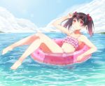  1girl adjusting_glasses adjusting_sunglasses barefoot bikini black_hair blush bow flat_chest floating frilled_bikini frills glasses hair_bow innertube legs looking_at_viewer love_live!_school_idol_project pink_background red_eyes short_hair short_twintails sky solo sunglasses sunglasses_on_head swimsuit tazaki_hayato twintails water yazawa_nico 