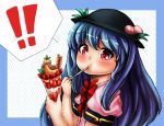  !! 1girl blue_hair bow eating food fruit hat hinanawi_tenshi ice_cream long_hair looking_at_viewer parfait peach plump red_eyes solo spoon spoon_in_mouth strawberry t.m_(aqua6233) touhou 