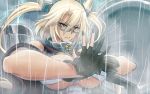  1girl black_gloves blonde_hair breasts budget_sarashi bust commentary_request dark_skin fingerless_gloves glasses gloves h-new headgear highres kantai_collection long_hair machinery musashi_(kantai_collection) nail_polish pacific_rim rain sarashi semi-rimless_glasses solo twintails under-rim_glasses 