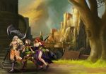  3girls amazon_(dragon&#039;s_crown) axe barefoot blonde_hair boots bow_(weapon) breasts cleavage curly_hair dragon&#039;s_crown elf_(dragon&#039;s_crown) gloves happy highres hoodie huge_breasts long_hair multiple_girls smile sorceress_(dragon&#039;s_crown) staff thick_thighs thighs weapon 