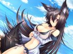  1girl animal_ears bikini black_hair breast_hold breasts cleavage clouds desukingu dress dutch_angle front-tie_top imaizumi_kagerou large_breasts long_hair looking_at_viewer midriff navel open_clothes open_dress red_eyes side-tie_bottom sky solo strap_pull swimsuit tail touhou very_long_hair wolf_ears wolf_tail 