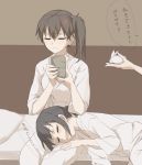  anger_vein angry brown_hair check_translation closed_eyes cup hibiki_(kantai_collection) kaga_(kantai_collection) kantai_collection kisetsu long_hair lying_on_lap lying_on_person multiple_girls pajamas pillow side_ponytail translation_request 