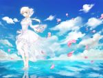  1girl aldnoah.zero asseylum_vers_allusia barefoot blonde_hair blush breasts cleavage clouds dress feet_in_water frills green_eyes horizon jewelry jusc0 leg_up long_hair long_sleeves looking_at_viewer necklace petals puffy_sleeves reflection sky smile soaking_feet solo water white_dress wide_sleeves 