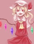  1girl :d ascot blonde_hair clenched_hand fangs flandre_scarlet hat looking_at_viewer mob_cap nail_polish open_mouth otama_(jcts) pink_background red_background red_eyes red_fingernails shirt short_sleeves side_ponytail simple_background skirt skirt_set smile solo touhou vest white_shirt wings 