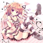  1girl absurdres arm_strap ass azumi_kazuki bare_shoulders breasts brown_hair candy choker cleavage collarbone frilled_shirt frilled_skirt frills hair_ribbon highres legs_up light_brown_hair lollipop long_hair original panties ribbon ribbon_choker shirt sitting skirt skirt_set sleeveless sleeveless_shirt solo striped striped_legwear thigh-highs thigh_strap two_side_up underwear upskirt very_long_hair violet_eyes white_panties wrist_cuffs zettai_ryouiki 