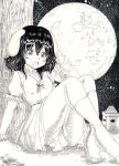  1girl against_tree animal_ears black_hair blush calligraphy_brush_(medium) carrot_necklace dress food full_moon grass highres inaba_tewi kneehighs looking_at_viewer mochi monochrome moon nib_pen_(medium) open_mouth rabbit_ears short_hair sib sitting sky solo star_(sky) starry_sky touhou traditional_media tree wagashi 